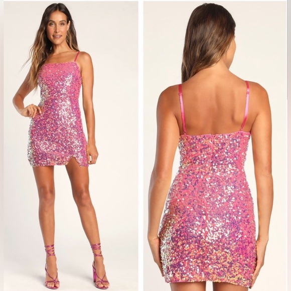 Lulus Dresses & Skirts - Lulu’s Women’s‎ Em All Hot Pink Iridescent Sequin Mini Fitted Dress Sz Large